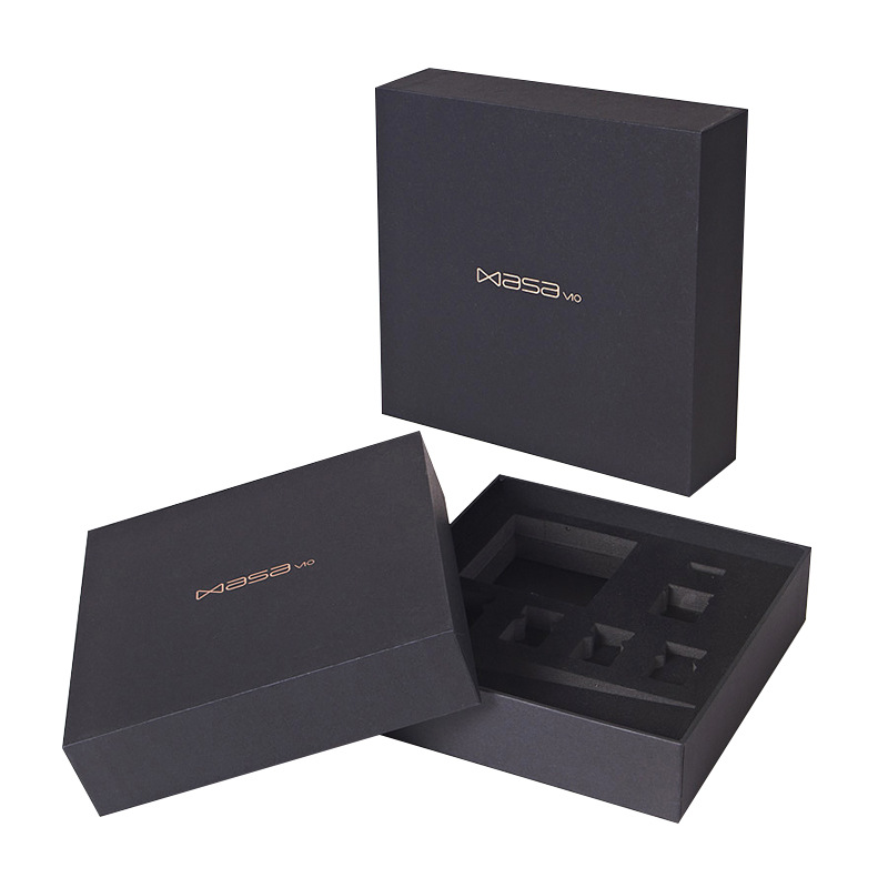 1. Custom two piece rigid gift boxes with matte black finish and gold foil logo
