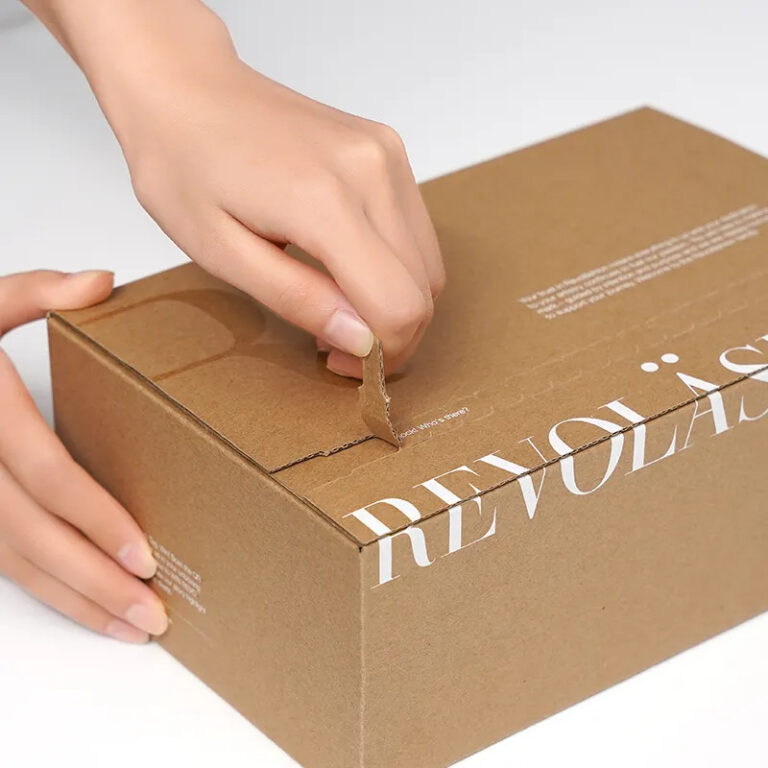 Custom-printed corrugated boxes with vibrant logos and secure lock, enhancing unboxing experiences.