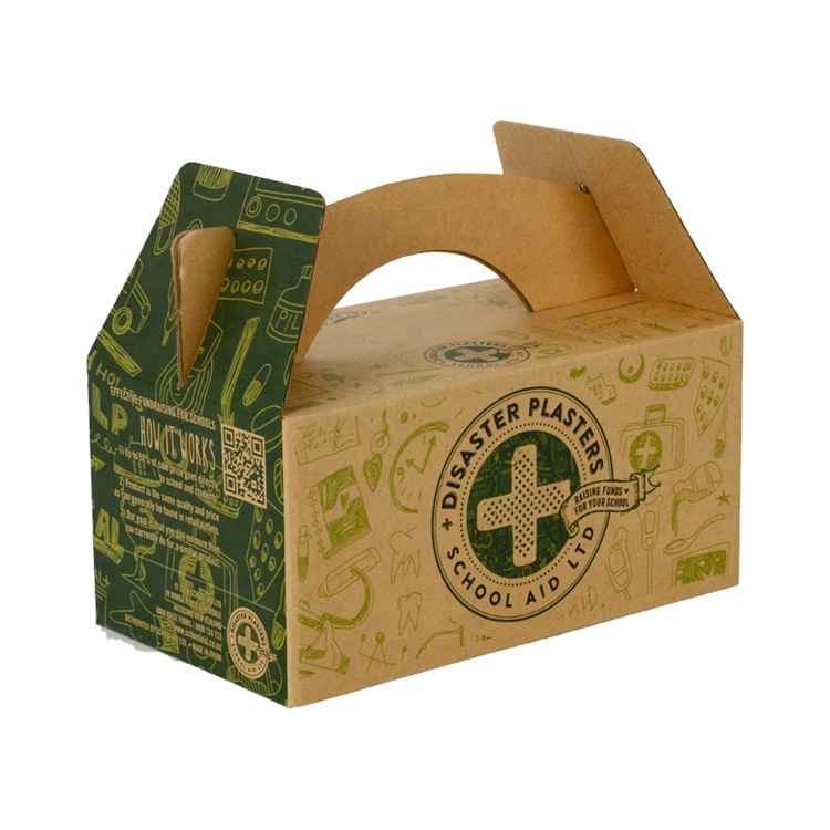 Kraft gable box with a folded top, integrated carry handle and green printed artwork