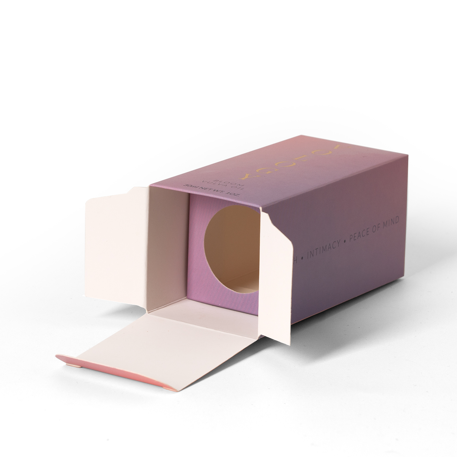 Purple printed folding carton with an integrated paper insert and circular bottle opening
