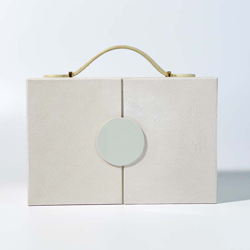 Textured paper double door box for cosmetic packaging with handle